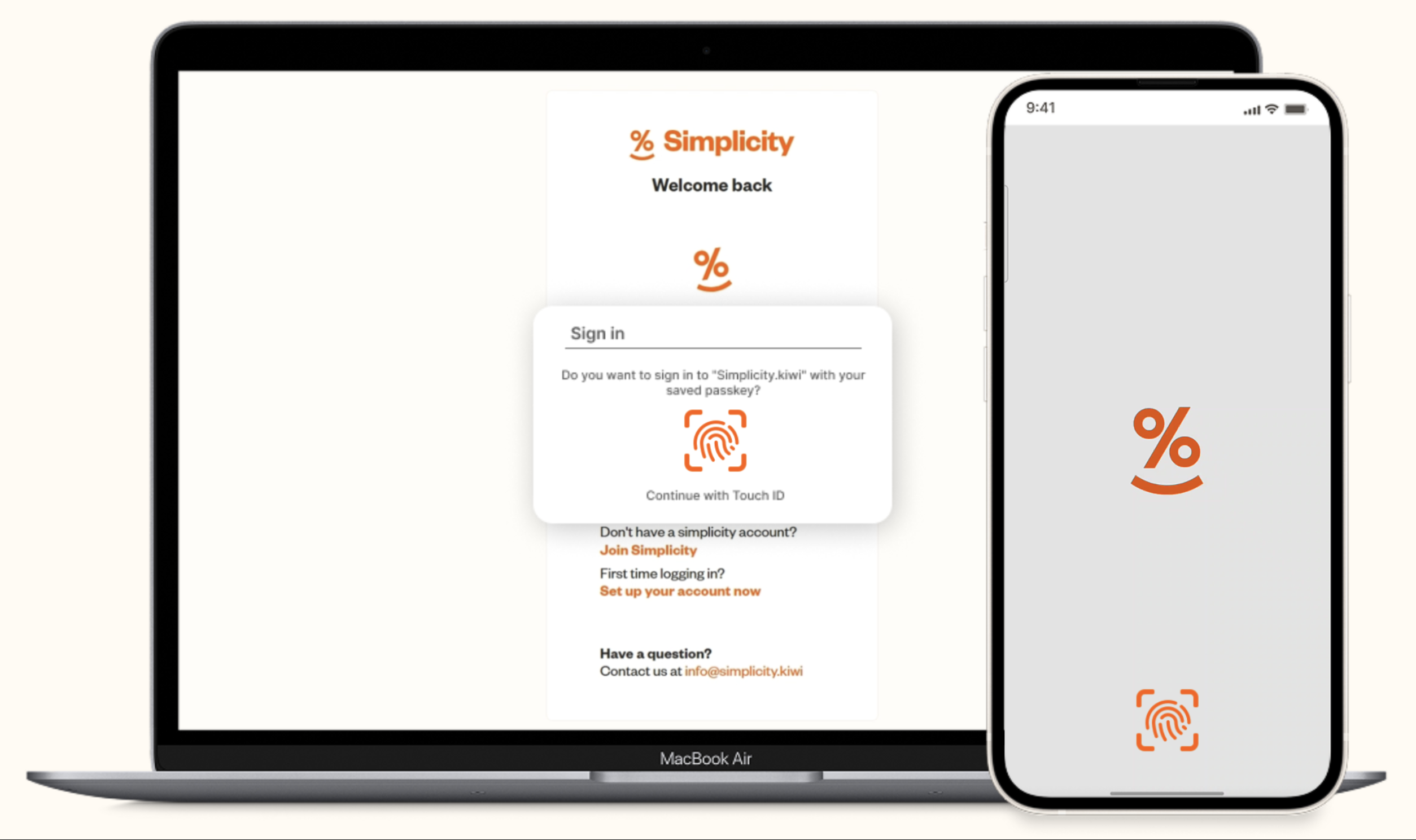 The Simplicity app login screen on a laptop and mobile phone